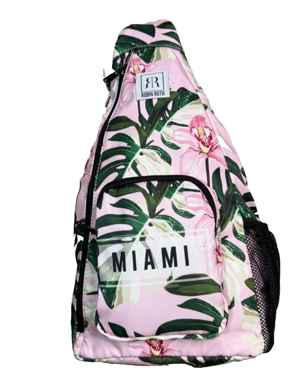 Robin Ruth MIAMI Crossbody Sling Backpack Tropical Jungle Leaves & Flowers Pink